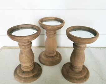 Pillar Candle Holders, Weathered Wood look Candle Stands, Set of Three Candle Keepers, Handmade, Rustic Farmhouse Décor