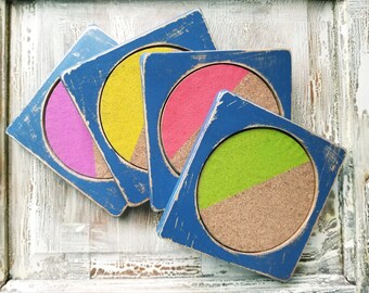 Coasters, Set of 4 Large Wood and Cork Coasters Painted Blue, Distressed, Shabby Chic Summer Decor