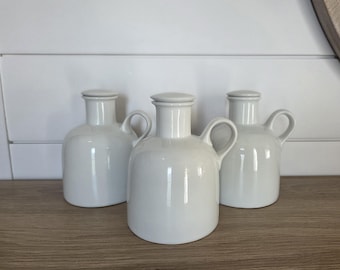 Vintage Crate & Barrel Canister/Bottle set, Three White Kitchen Condiment Canisters with Stoppers