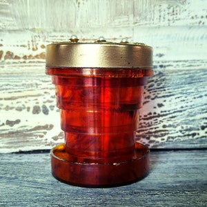 Collapsible Cup with Lid, Travel Cup, Vintage Amber Plastic with Golden Metal Lid, Filigree Design, Gold Tone Product, N.Y.C - U.S.A