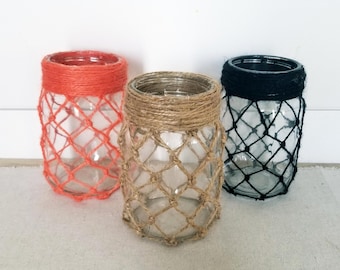 Mason Jar Lanterns, Twine Wrapped Jars, Rustic Fall Décor, Hand Made Jars, Nautical Theme, Ready To Ship