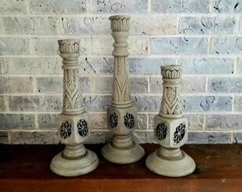 Large Candle Holders, 18, 15, 12 Inch Weathered Wood Look, Painted, Distressed, Ornate Set of 3 Stands for Tempered Candles, Farmhouse Décor