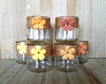 Glass Jars/Vases, Candle Holders, Decorated with Twine and a Flower, Set of 6 Bottles, Glass Vessels, Fla cons