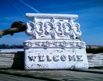 Fleur De Lis Welcome Sign, Painted White, Distressed, Shabby Chic Wall Décor