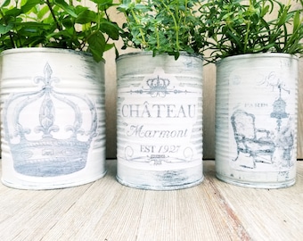 Set of Three Painted & Decoupaged Cans, Decorated with French Theme Decoupage, Rustic Farm House Decor,