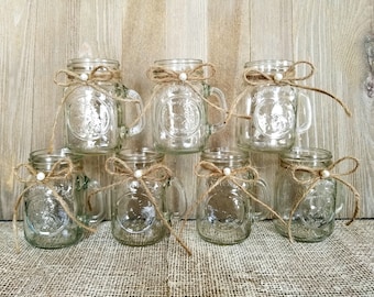 Vases/Bottles, Decorated with Twine and a Pearl, Mini Mason Jars, Clear Glass Vessels, Wedding, Shower Décor