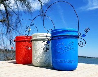 Mason Jar Holders, Rustic Luminaries, Patriotic Colors Lanterns, Set Of 3 White, Blue, Red Votive Candle Keepers, Shabby Chic Decor