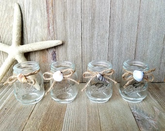 Mini Vases/Bottles, Decorated with Twine and a Shell or Pearl, Set of 4 Mason Jars, Clear Glass Vessels, Wedding, Shower Décor