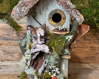 Rustic Birdhouse | Whimsical and Functional Birdhouse with Predator Guard |  Fairy Fantasy Hobbit Birdhouse | Troll