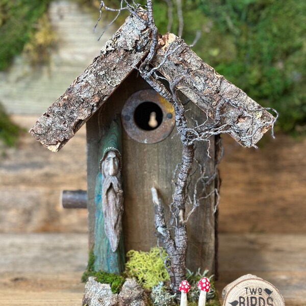 Rustic  Birdhouse with Tree Guardian | Whimsical and Functional Birdhouse with Predator Guard |  Fairy Fantasy Troll Birdhouse |