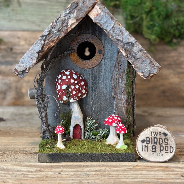 Rustic  Mushroom Birdhouse | Whimsical and Functional Birdhouse with Predator Guard |  Fairy Fantasy Hobbit Birdhouse |