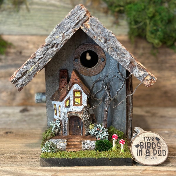 Rustic  Birdhouse with Cottonwood Bark cottage  | Whimsical and Functional Birdhouse with Predator Guard |