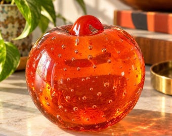 Vintage Kreiss Art Glass Orange Red Apple Paperweight Bullicante Bubbles Japan