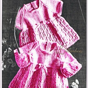 Baby Knitting Pattern PDF Download, baby dresses in 6 or 4 ply wool (instructions for both) sizes 36, 41 and 46cm chest.