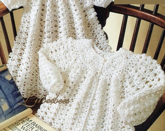 Baby Crochet Pattern. PDF Download. Matinee coat, Dress and shoes in 3 Ply yarn. To fit sizes 41,46, 51 cm chest 9-10 cm foot.