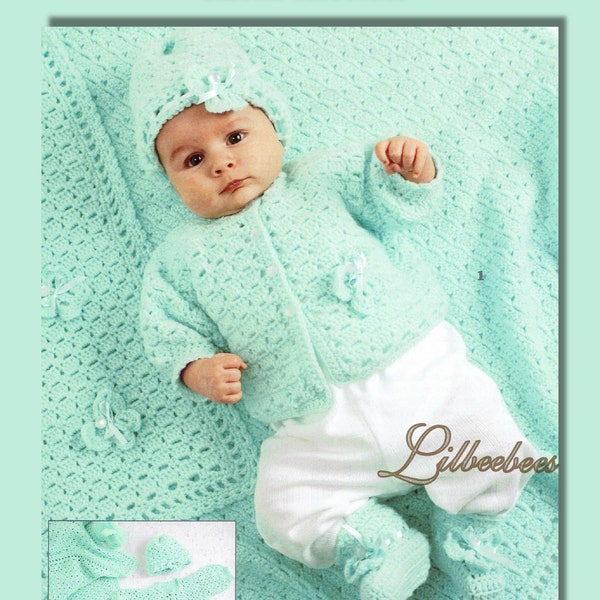 Téléchargez le modèle au crochet pour bébé au format PDF - Papillons - Couverture, Cardigan, Bonnet et Chaussures en taille 3-6 mois. double fil tricoté.