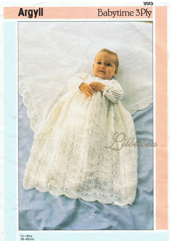 Baby knitting pattern PDF Download - Shawl and Christening gown in 3 ply - vintage Argyll Pattern - gown in 3 sizes 36cm, 41cm & 46cm chest.