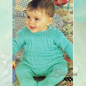 May include: A turquoise knitted baby sweater and leggings set with cable knit detailing. The set is designed to fit a chest size of 18-20 inches.
