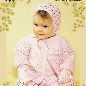May include: A pink crocheted baby coat, leggings, bonnet, and mittens set. The set is made with 3 ply yarn and fits a 46-51 cm chest.