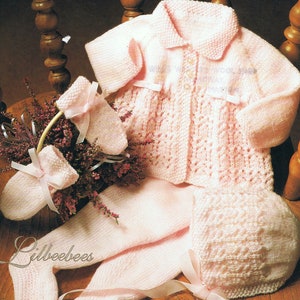 Baby Knitting Pattern PDF, 4 ply knitted layette - mitts, bonnet, stockings and jacket.