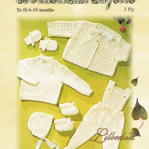 May include: A white crochet baby layette set for a 6-10 month old baby. The set includes a cardigan, a sweater, a pair of booties, a pair of mittens, a hat, and overalls. The set is made with 3 ply yarn. The text "Crochet Knit Layette" and "To fit 6-10 months" is printed on the top of the image. The text "3 Ply" is printed on the top right of the image. The text "Lilbeebees" is printed on the bottom right of the image.