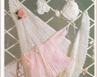 Baby Strickanleitung, Baby Stola, Matinee Jacke, Mütze, Schühchen und Handschuhe passend ab Gr. 40, 45,50 cm Brustumfang. Schal 107 cm im Quadrat