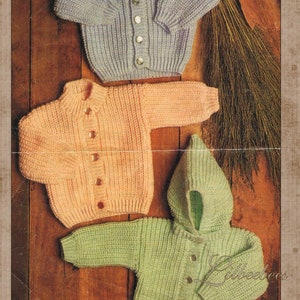 Baby knitting Pattern - PDF Download - Rib Cardi in 3 variations to fit 5 sizes from 36cm to 56 cm chest. Double Knit yarn