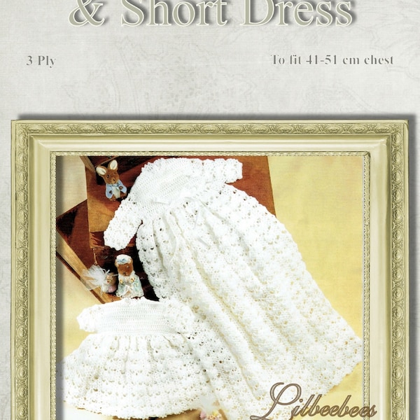 Baby Crochet Pattern PDF Download, Christening Gown & dress in 3 ply to fit 41-51cm chest