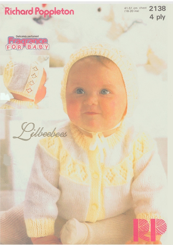 20/" Baby Dress Cardigan /& Bonnet 4 Ply Knitting Pattern Prem 3 Months 12/"