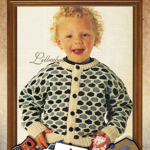 May include: A white and blue knitted cardigan with a honeycomb pattern, button closure, and the text "Lilbeebe" on the front. The cardigan is being worn by a young child with blonde curly hair. The image is framed in a brown wooden frame.