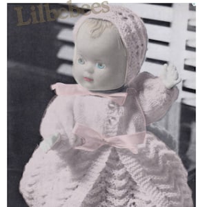 Doll Knitting Pattern - to fit 30-36cm Doll. Knitted in 3 ply yarn, - Bonnet, Frock, Coat, Bootees, underwear.