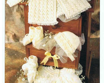 Baby Knitting Pattern - Matinee set in double knitting wool. PDF Download. to fit birth to 9 months (3 knitting sizes) 41 - 51cm chest
