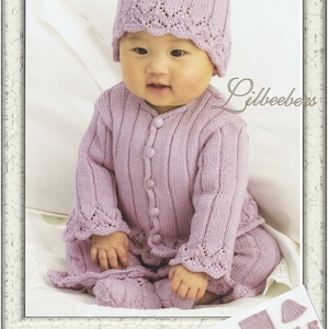 Baby Knitting Pattern - PDF Download-  Lacey edged jacket, trousers, hat & shoes.  Size newborn to 6 months.  4 ply
