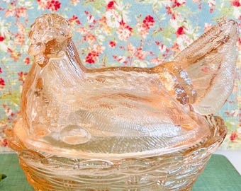 Pink Split Tail Depression Style Glass Hen on Nest Candy Dish HON Vintage Style Decor Cottagecore Grannycore