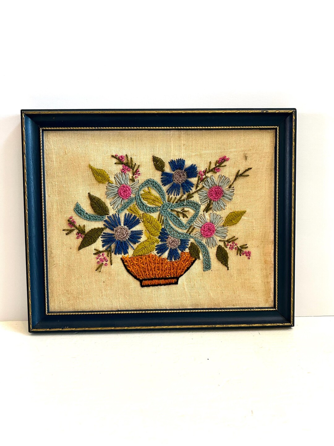 Vintage MCM Finished Crewel Framed Embroidered Floral Wall Art 9x 11 ...
