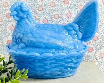 Blue Milk Glass Split Tail Glass Hen on Nest Candy Dish HON Vintage Style Decor Cottagecore Grannycore