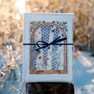 Geometrische Birch Tree wenskaart Moederdag kaart, zwarte beer, bos dieren, bosbessen, Birch Bark kunst, lege Card, wenskaart