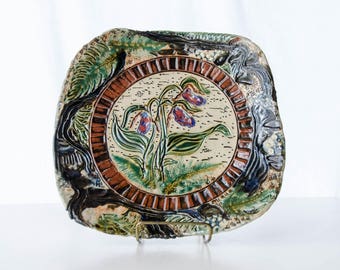 Ceramic Bowl with Lady Slipper Flowers, Orchid Pottery, Stoneware Pottery, Woodland Ceramic Platter, Pink Lady Slipper Centerpiece