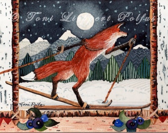 Fox Painting, Cross Country Skiing, 5'' x 7'' print of original watercolor painting, fox art, folk art, nordic skiing, woodland animal