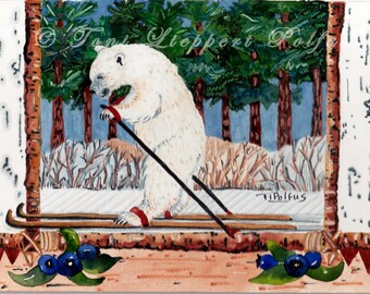 Polar Bear Cross Country Skiing, reproduction of original watercolor painting, skiing art, polar bear art, nordic skiing, woodland animal