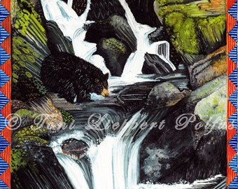 Waterfall Painting, Black Bear Art, Print of Original Watercolor Painting, Woodland Animals, Wildlife Art, Lodge Decor, Folk Art