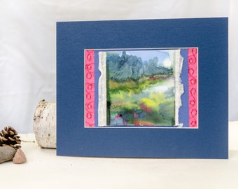 Abstract lake watercolor, original landscape painting, original art, nature watercolor, pink and blue landscape, Wisconsin art