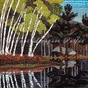 Pittura dell&#39;albero di betulla, riproduzione dell&#39;acquerello originale, arte dell&#39;albero di betulla, paesaggio di northwoods, orso nero, arte lago, arte di corteccia di betulla