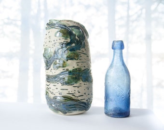 Handmade vase with blue river, stoneware pottery vase, nature pottery, rustic cabin decor, home decor, birch bark artwork