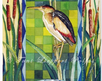 Least Bittern Heron Painting, 8" x 10" reproduction of original watercolor painting, marsh bird, Maine art, bird watercolor