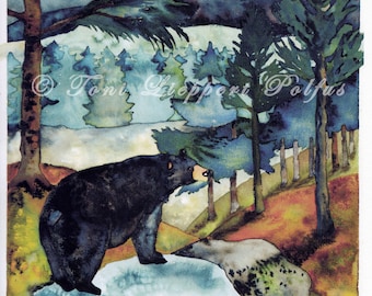 黒熊の絵画、8 x 10 インチのオリジナル水彩画の複製、熊のアートワーク、ノースウッズアート、森の風景、キャビンの装飾