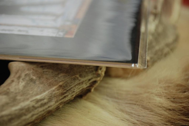 May include: A framed picture with a black frame and a glass front. The frame is resting on a piece of antler.