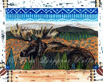Resting Moose Painting, matted print of original watercolor painting, northwoods painting, moose art, Adirondack style art, folk art