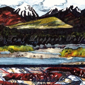 Alaska rivière saumon peinture, impression d'aquarelle originale, peinture, paysage d'Alaska, Art de saumon, saumon rouge, peinture de montagne