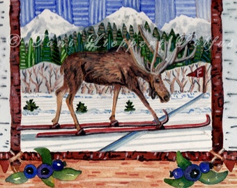 Cross Country Skiing Moose, reproduction of original watercolor painting, moose art, nordic ski, skiing art, winter scene, woodland animal